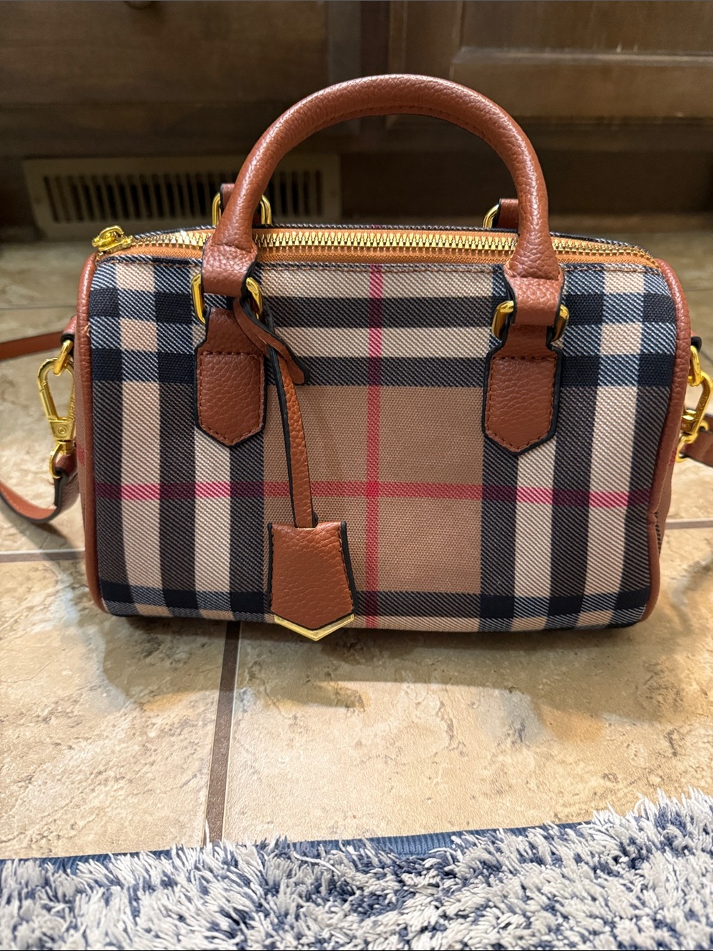 Plaid Mini Satchel with Brown Trim and Gold Hardware